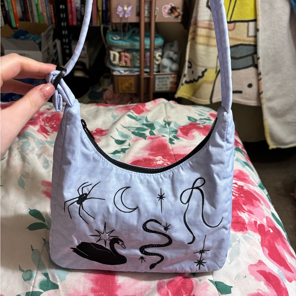Stylish blue Handbag with Black Embroidery baggu shoulder bag